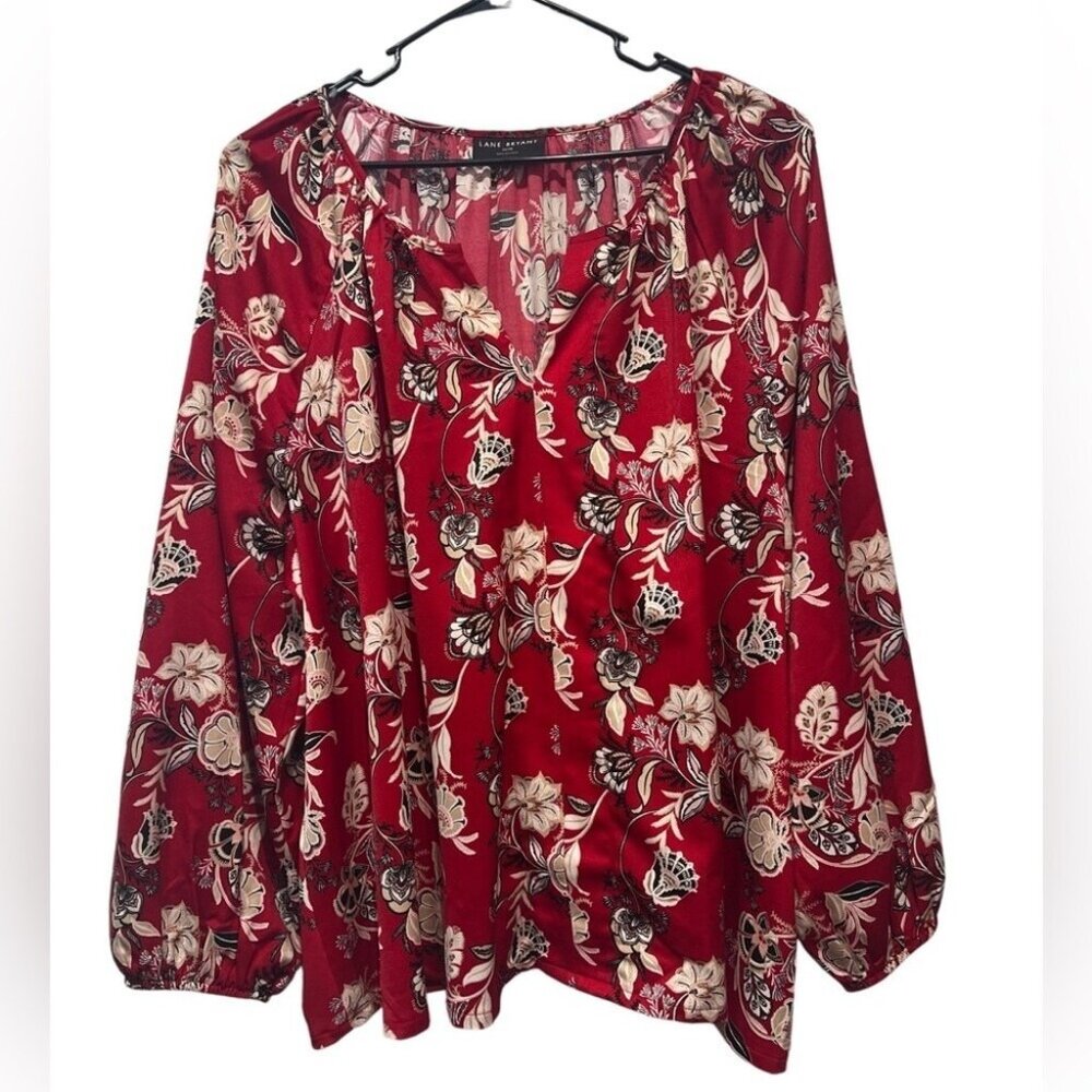 Lane Bryant Women's Foral Top Blouse 26/28 plus Size 2X Red Long Sleeves